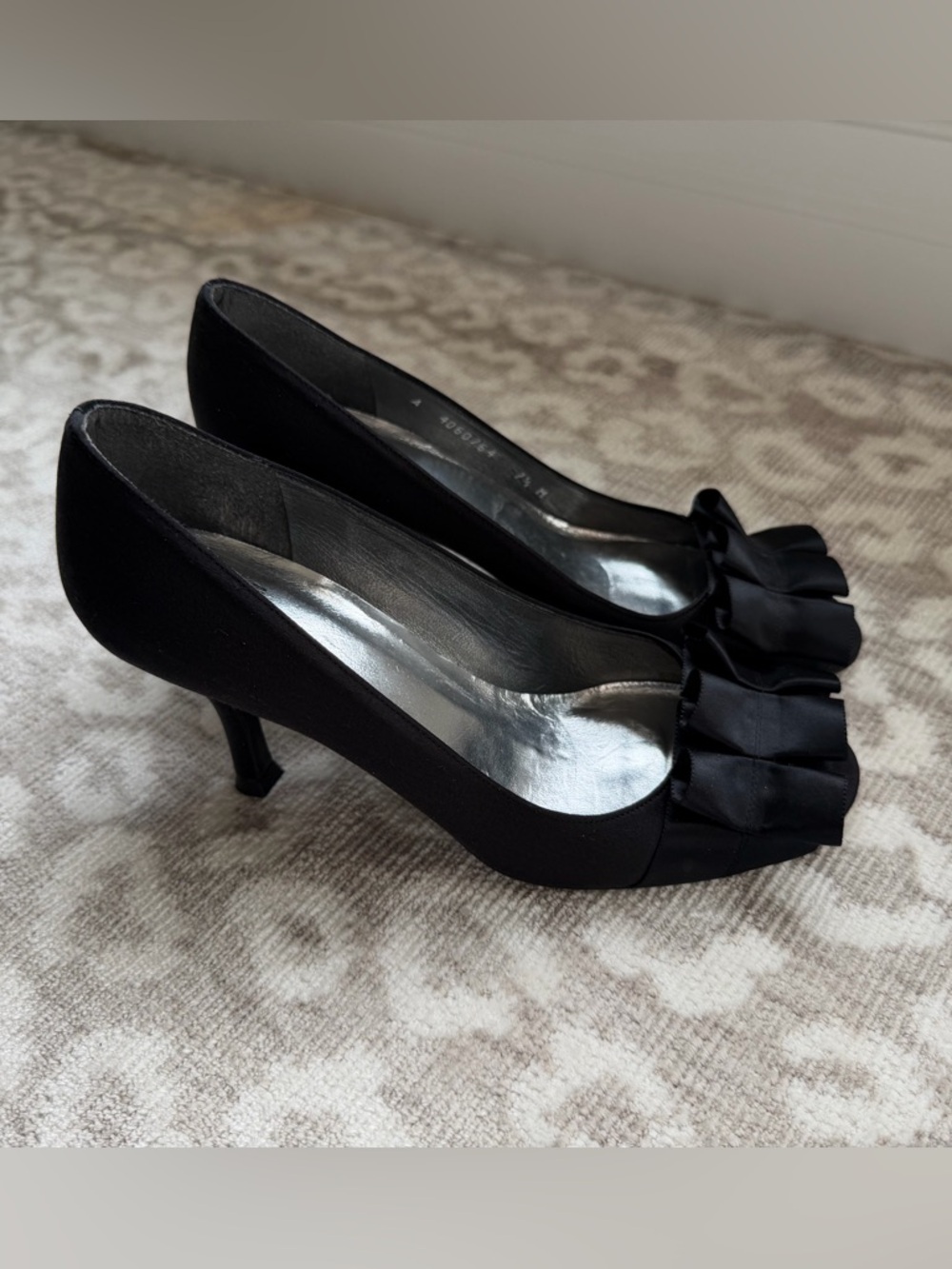 Stuart Weitzman Black Satin Ruffle Open Toe Heels / Shoes